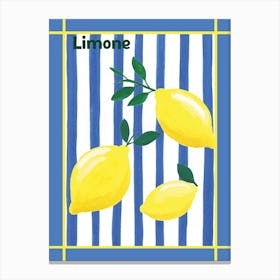 Lemons On Blue Stripes Canvas Print