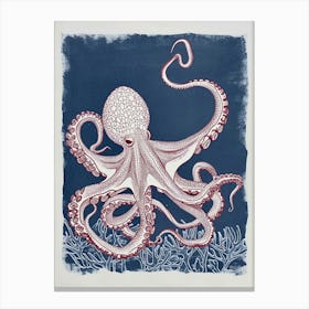 Navy Blue & Maroon Detailed Octopus 4 Canvas Print