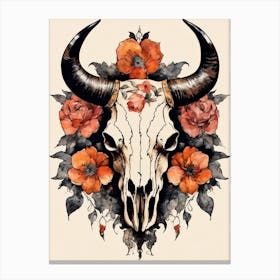 Vintage Boho Bull Skull Flowers Painting (42) Canvas Print