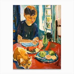 Portrait Of A Boy With Cats Having Dinner 6 Canvas Print