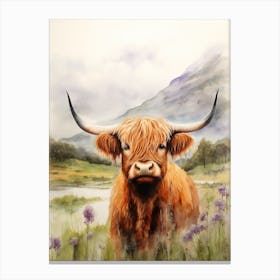 Watercolour Portrait Of A Highland Cow 3 Canvas Print