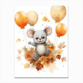 Koala Flying With Autumn Fall Pumpkins And Balloons Watercolour Nursery 1 Canvas Print
