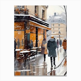 Paris cafes, winter season, Christmas, autumn oil colors, pale colors, pedestrians in the street, winter clothes, falling snow.Christmas decorations.11 1 Canvas Print