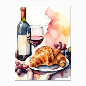 Croissant and Wine watercolor painting 14 Canvas Print