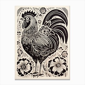 B&W Bird Linocut Chicken 4 Canvas Print