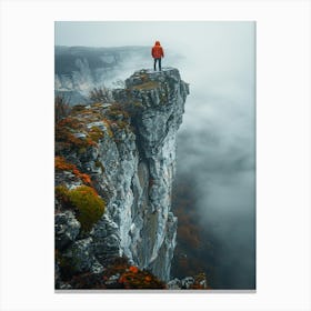 Man Standing On Cliff With Fog Canvas Print