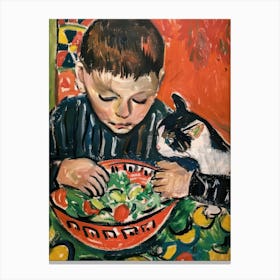 Portrait Of A Boy With Cats Eating A Salad 3 Canvas Print