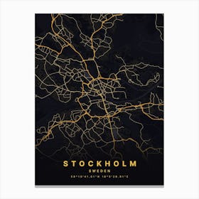 Stockholm Sweden Black And Gold Map Canvas Print