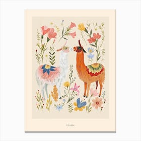 Folksy Floral Animal Drawing Llama 2 Poster Canvas Print