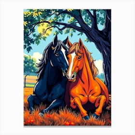 Black And Brown Horse Couple Under a Tree Canvas Print