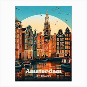 Amsterdam Netherlands Night time Cityscape Travel Illustration Canvas Print