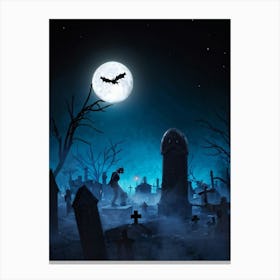 A Zombie Hand Breaking Through The Earth In A Dark Cemetery Fear Palpable In The Scarey Silhouette Canvas Print