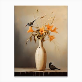 Bird Of Paradise, Autumn Fall Flowers Sitting In A White Vase, Farmhouse Style 4 Canvas Print