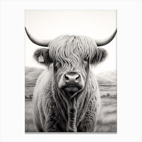 Stippling Black & White Illustration Of Highland Cow Canvas Print