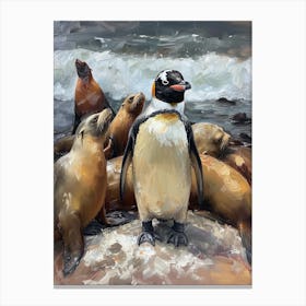Adlie Penguin Sea Lion Island Oil Painting 2 Canvas Print