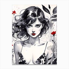 Selective Colour Portrait Of A Beautiful Girl Black And White Painting Canvas Print