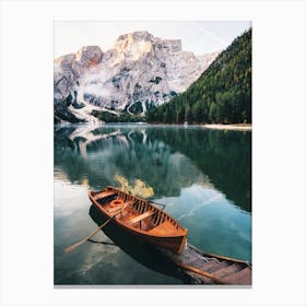 Red Canoe at Lake Braies, Italy Canvas Print