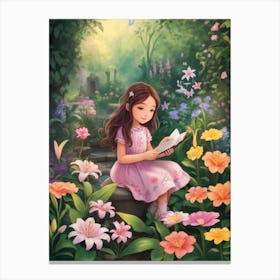 Little Girl Reading In The Garden Canvas Print