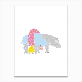 Hippos With Pool Donut Ringo And Snorkel, Fun Safari Animal Print, Portrait Canvas Print