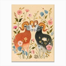 Folksy Floral Animal Drawing Ram Canvas Print