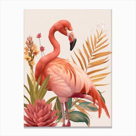 Lesser Flamingo And Bromeliads Minimalist Illustration 4 Canvas Print