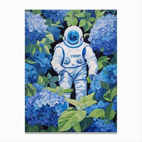 Astronaut Surrounded By Royal Blue Hydrangea Flower 1 Canvas Print