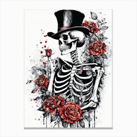 Floral Skeleton With Hat Ink Painting (96) Canvas Print