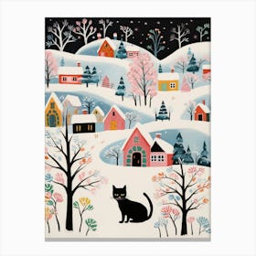 Black Cat In The Snow Winter Art Canvas Print