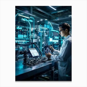 Cyber Industrial Factory With An Ai Manager Overseeing A Network Of Robotic Welding Arms And Automat (3) Canvas Print