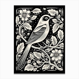 B&W Bird Linocut Cedar Waxwing 3 Canvas Print