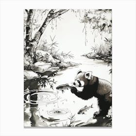 Red Panda Catching Fish In A Tranquil Lake Ink Illustration 4 Canvas Print
