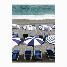 Blue Sunbeds On The Beach Of Monterosso Italy Canvas Print