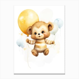 Baby Bee Flying With Ballons, Watercolour Nursery Art 2 Canvas Print