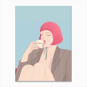 Woman Relaxed Drinking Coffee Pink Hair Canvas Print