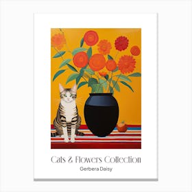 Cats & Flowers Collection Gerbera Daisy Flower Vase And A Cat, A Painting In The Style Of Matisse 1 Canvas Print