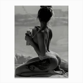 Naked Woman Reading Book Black And White Beach Photography Vintage Canvas Print