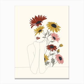 Colorful Thoughts Minimal Line Girl With Sunflowers Canvas Print