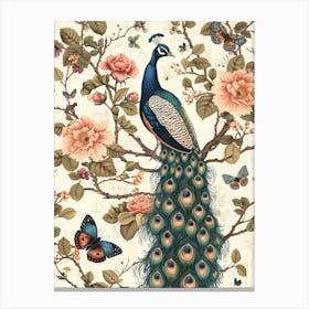 Peacock With Butterflies Vintage Wallpaper Style 2 Canvas Print
