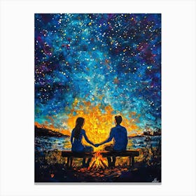 Young Couple In Love Holding Hands Sitting On Bench Near Bonfire Fire In Beautiful Night Starry Sky 1 Canvas Print