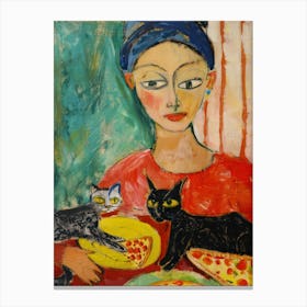 Portrait Of A Girl With Cats Eating Pizzas 2 Canvas Print