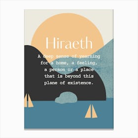 Welsh Hiraeth Quote Sea, Sun and Boats, Blue and Neuteal Canvas Print