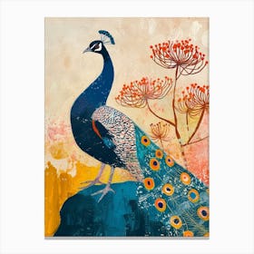Textured Peacock On A Rock With Plants Canvas Print