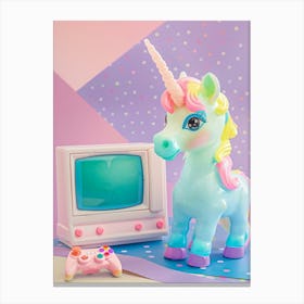 Toy Unicorn Pastel Playing Video Games 1 Canvas Print