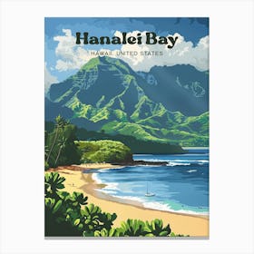 Hanalei Bay Hawaii Vintage Digital Travel Illustration Stampe su tela