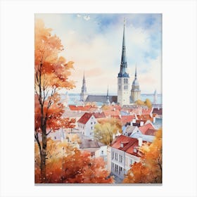 Tallinn Estonia In Autumn Fall, Watercolour 1 Canvas Print