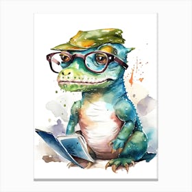 Smart Baby T Rex Dinosaur Wearing Glasses Watercolour Illustration 3 Canvas Print