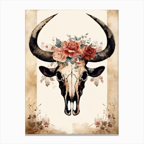 Vintage Boho Bull Skull Flowers Painting (65) Canvas Print