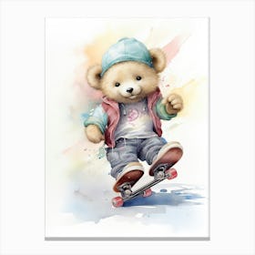 Skateboarding Teddy Bear Painting Watercolour 1 Canvas Print