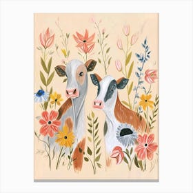 Folksy Floral Animal Drawing Cow 4 Canvas Print