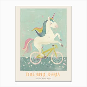 Pastel Storybook Style Unicorn On A Bike 1 Poster Canvas Print